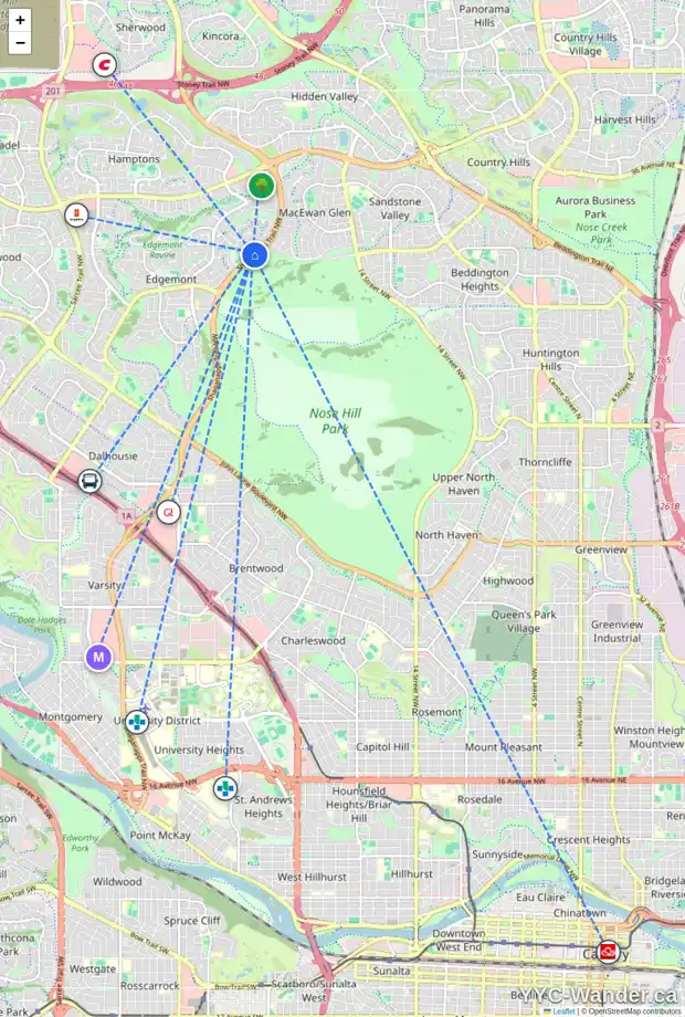 Daily accessibility map for 16 EDGEBROOK PT NW, Calgary showing nearby schools, grocery stores, parks, LRT stations and nearby amenities
