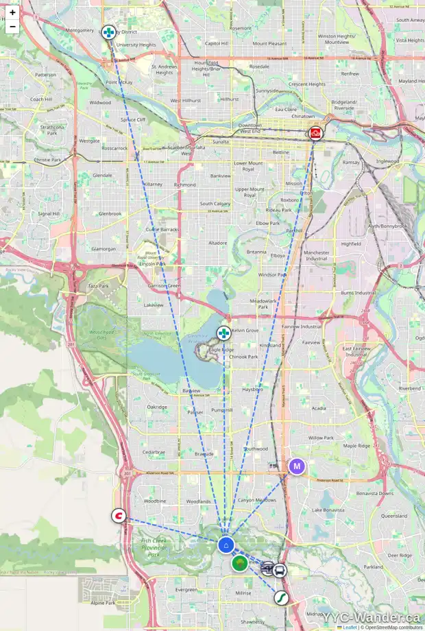Daily accessibility map for 94 EVERGREEN TC SW, Calgary showing nearby schools, grocery stores, parks, LRT stations and nearby amenities