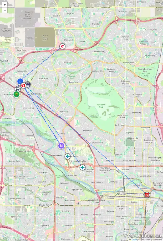 Daily accessibility map for 139 ARBOUR WOOD CL NW, Calgary showing nearby schools, grocery stores, parks, LRT stations and nearby amenities