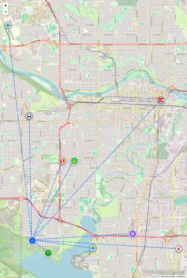 Daily accessibility map for 6825 LIVINGSTONE DR SW, Calgary showing nearby schools, grocery stores, parks, LRT stations and nearby amenities