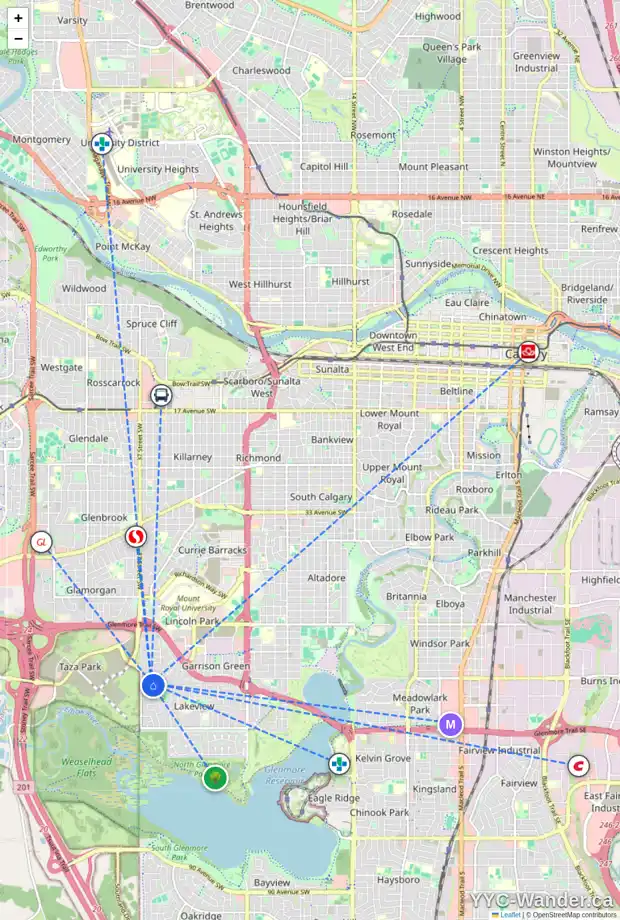 Daily accessibility map for 3623 58 AV SW, Calgary showing nearby schools, grocery stores, parks, LRT stations and nearby amenities