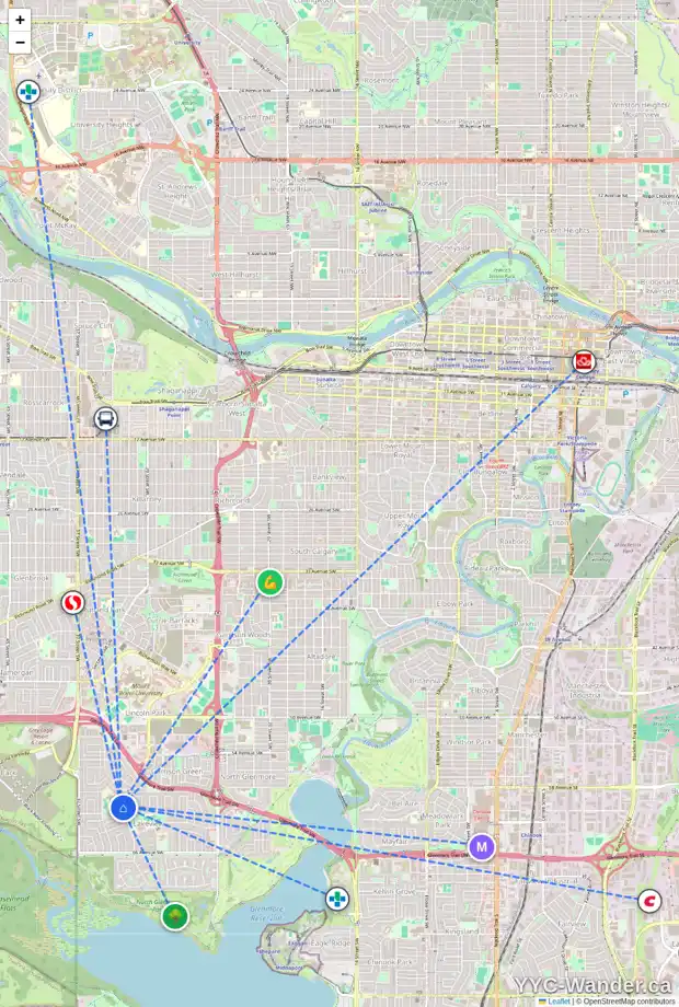 Daily accessibility map for 6028 LEWIS DR SW, Calgary showing nearby schools, grocery stores, parks, LRT stations and nearby amenities