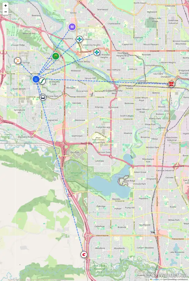 Daily accessibility map for 47 STRATHRIDGE GD SW, Calgary showing nearby schools, grocery stores, parks, LRT stations and nearby amenities