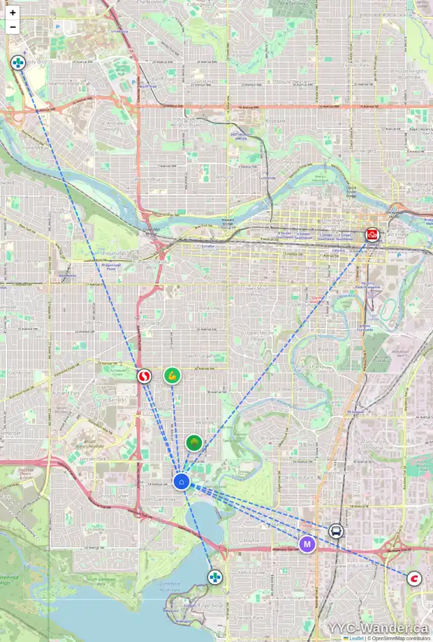 Daily accessibility map for 2011 53 AV SW, Calgary showing nearby schools, grocery stores, parks, LRT stations and nearby amenities
