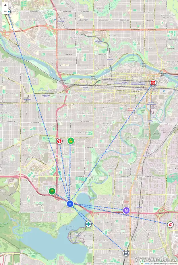 Daily accessibility map for 6407 LAURENTIAN WY SW, Calgary showing nearby schools, grocery stores, parks, LRT stations and nearby amenities