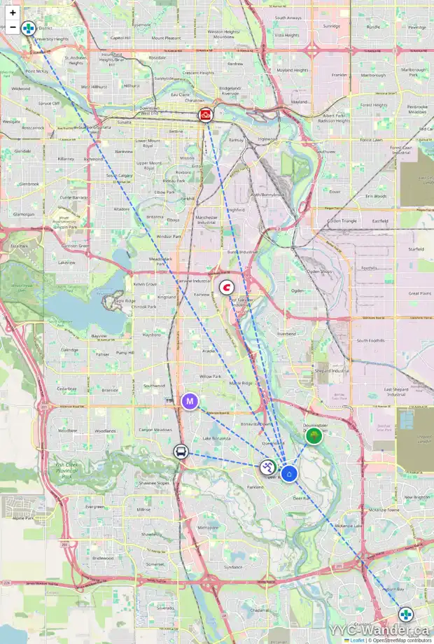 Daily accessibility map for 7 DEERCREST CL SE, Calgary showing nearby schools, grocery stores, parks, LRT stations and nearby amenities