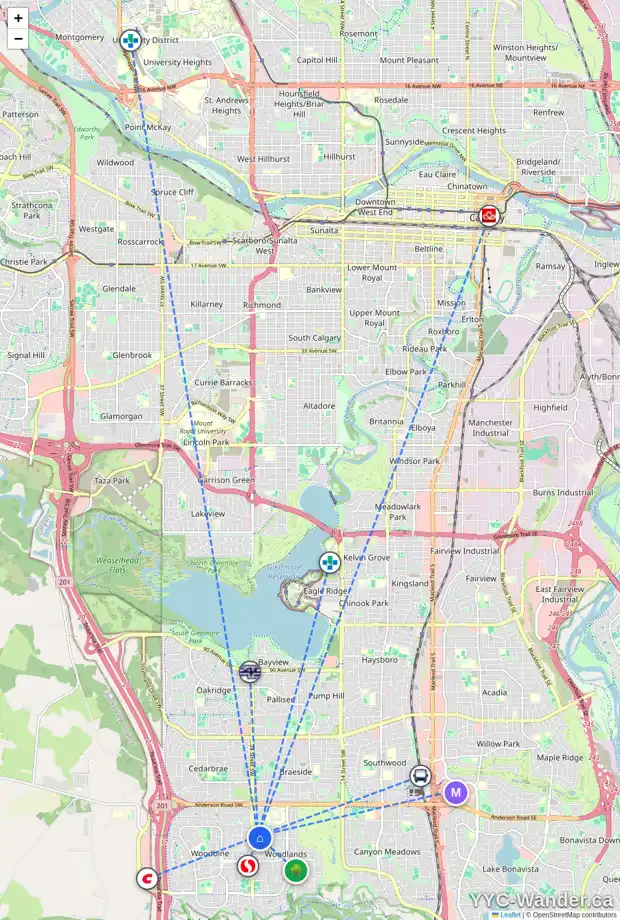 Daily accessibility map for 34 WOODPARK CI SW, Calgary showing nearby schools, grocery stores, parks, LRT stations and nearby amenities