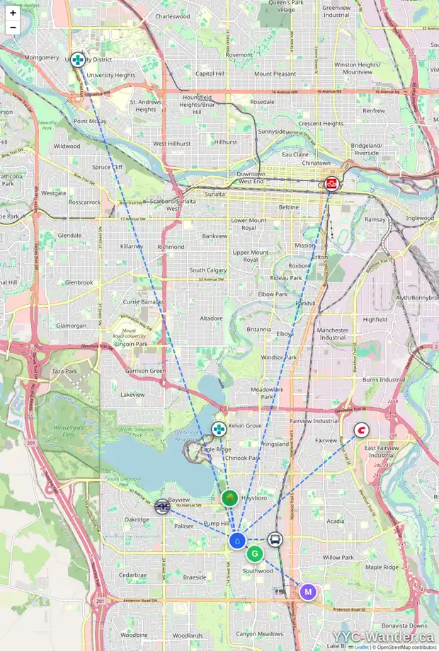 Daily accessibility map for 4 SELKIRK DR SW, Calgary showing nearby schools, grocery stores, parks, LRT stations and nearby amenities