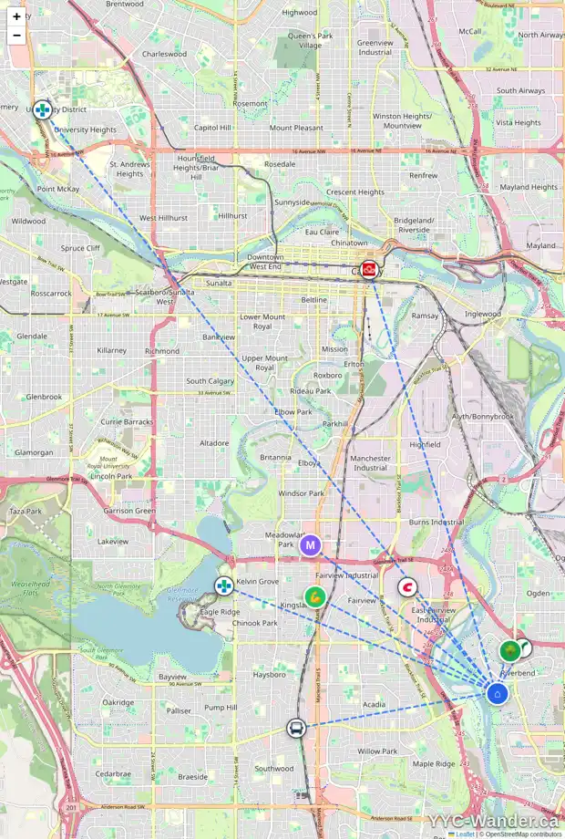 Daily accessibility map for 104 RIVERVIEW ME SE, Calgary showing nearby schools, grocery stores, parks, LRT stations and nearby amenities