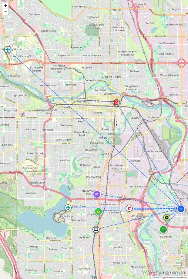 Daily accessibility map for 2444 CRESTWOOD RD SE, Calgary showing nearby schools, grocery stores, parks, LRT stations and nearby amenities