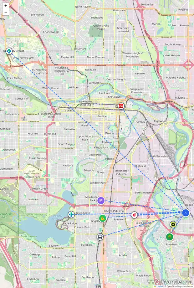 Daily accessibility map for 2311 69 AV SE, Calgary showing nearby schools, grocery stores, parks, LRT stations and nearby amenities