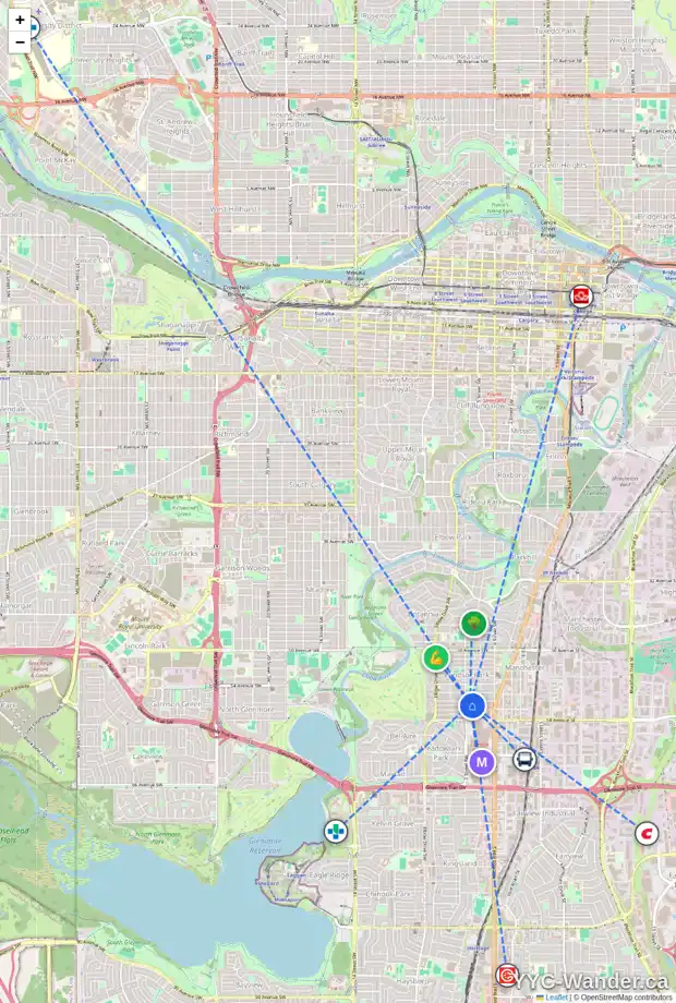 Daily accessibility map for 417 525 56 AV SW, Calgary showing nearby schools, grocery stores, parks, LRT stations and nearby amenities