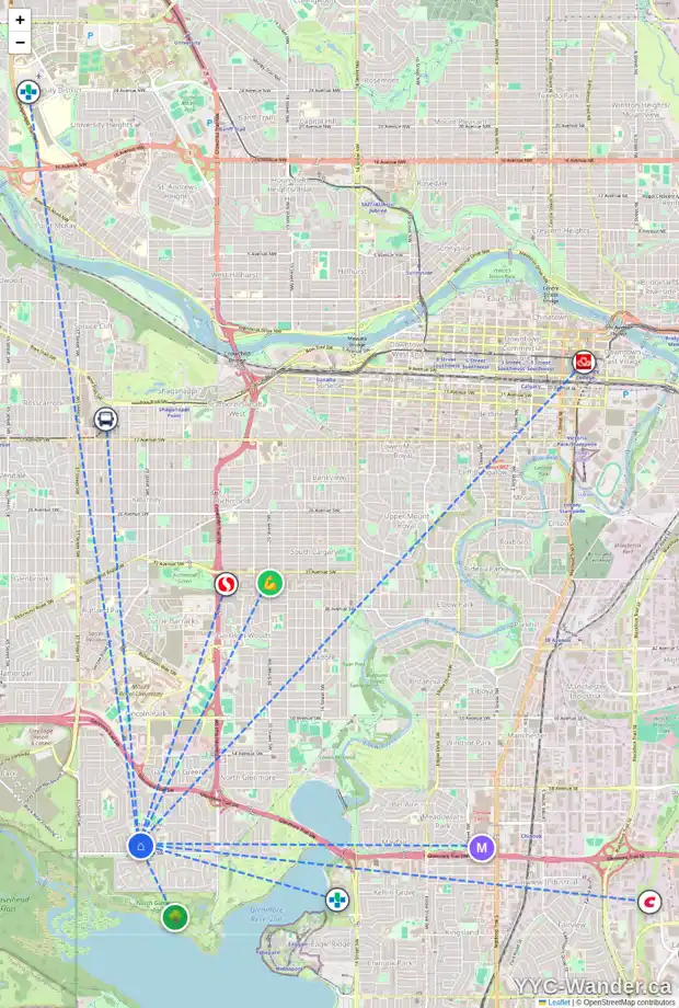 Daily accessibility map for 1423 3240 66 AV SW, Calgary showing nearby schools, grocery stores, parks, LRT stations and nearby amenities