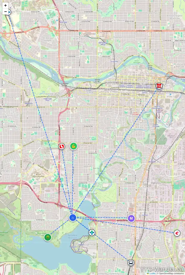 Daily accessibility map for 2111 LYLE AV SW, Calgary showing nearby schools, grocery stores, parks, LRT stations and nearby amenities