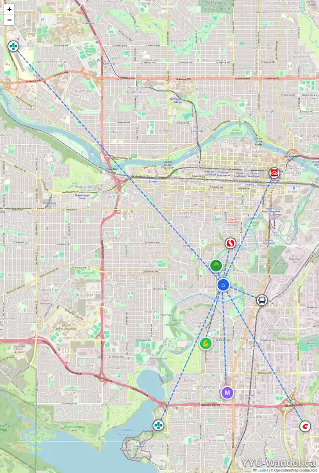 Daily accessibility map for 336 37 AV SW, Calgary showing nearby schools, grocery stores, parks, LRT stations and nearby amenities