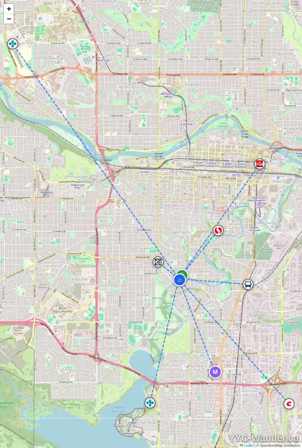Daily accessibility map for 1016 SIFTON BV SW, Calgary showing nearby schools, grocery stores, parks, LRT stations and nearby amenities