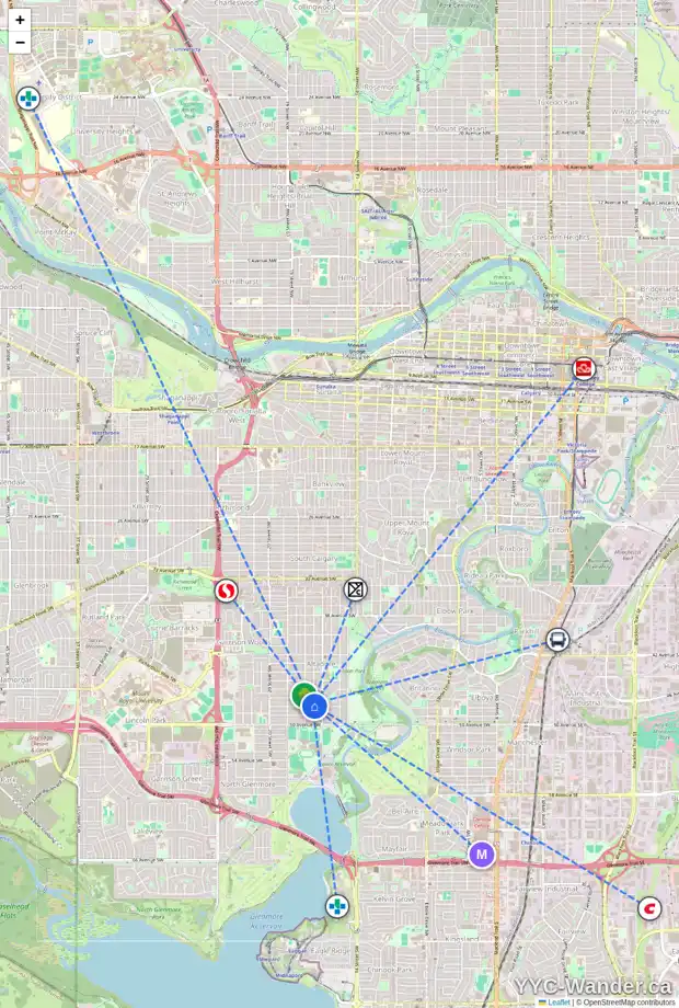 Daily accessibility map for 1726 48 AV SW, Calgary showing nearby schools, grocery stores, parks, LRT stations and nearby amenities
