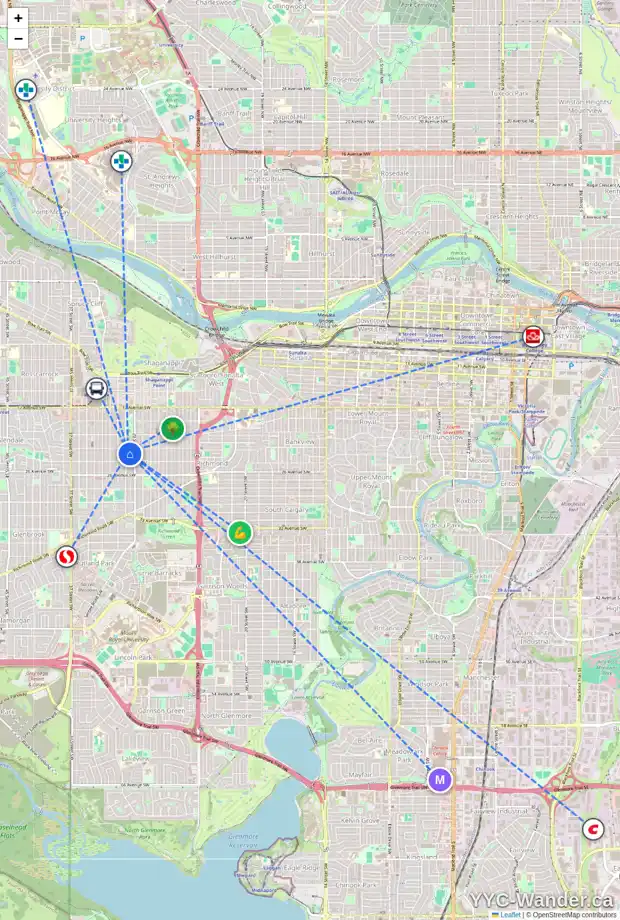 Daily accessibility map for 3 2412 30 ST SW, Calgary showing nearby schools, grocery stores, parks, LRT stations and nearby amenities