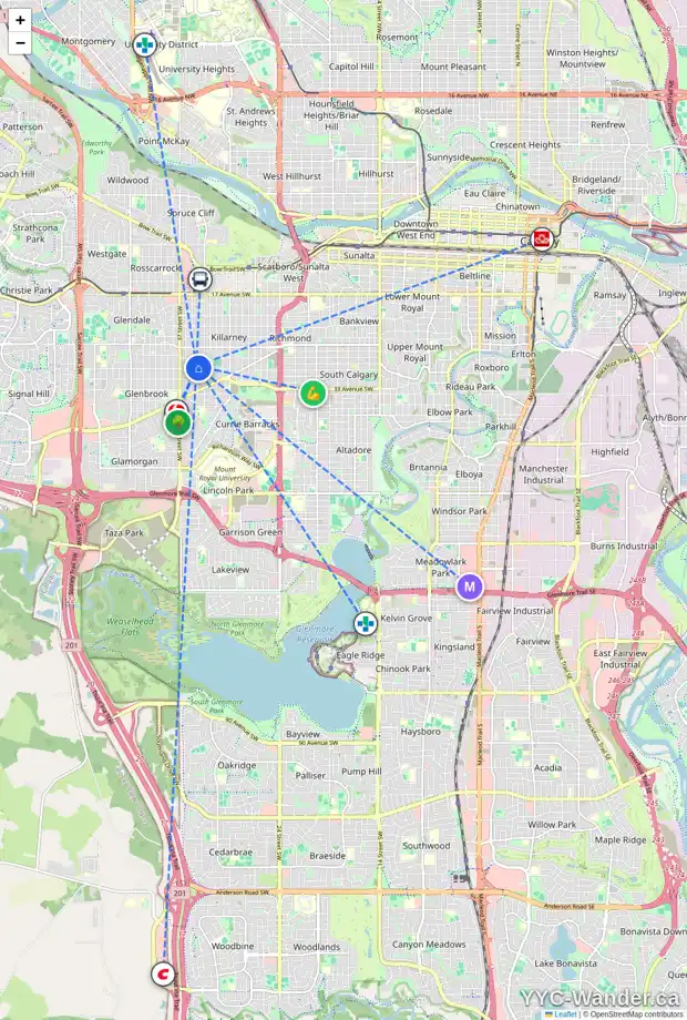 Daily accessibility map for 3031 34 ST SW, Calgary showing nearby schools, grocery stores, parks, LRT stations and nearby amenities