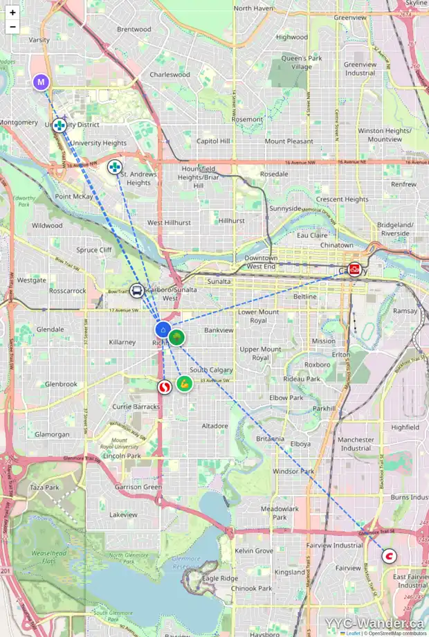 Daily accessibility map for 2212 23A ST SW, Calgary showing nearby schools, grocery stores, parks, LRT stations and nearby amenities