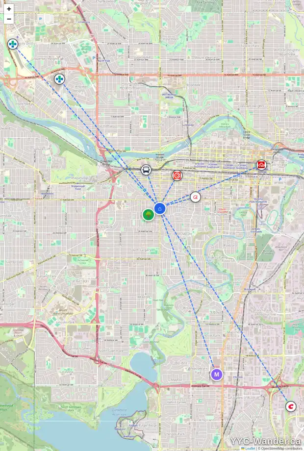 Daily accessibility map for 2115 14 ST SW, Calgary showing nearby schools, grocery stores, parks, LRT stations and nearby amenities