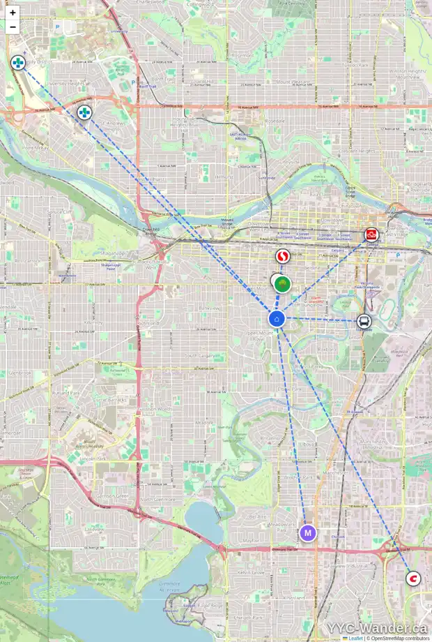 Daily accessibility map for 910 PROSPECT AV SW, Calgary showing nearby schools, grocery stores, parks, LRT stations and nearby amenities