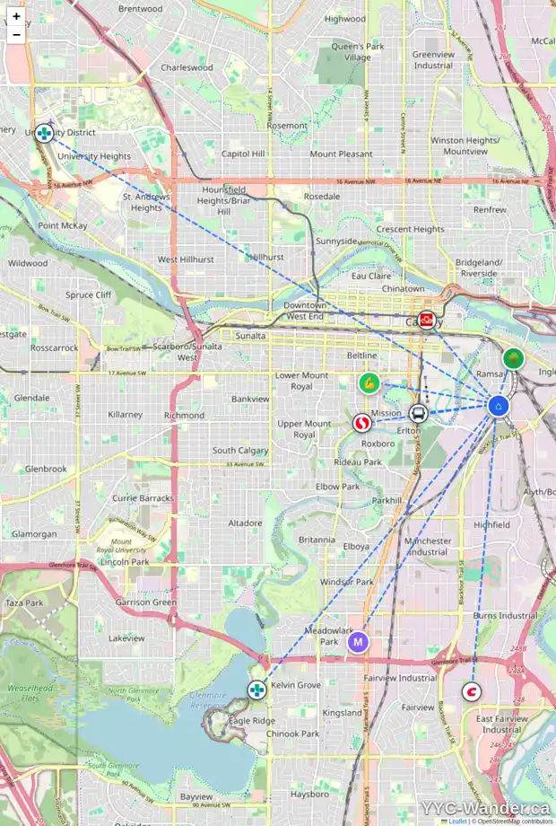 Daily accessibility map for 2221 9 ST SE, Calgary showing nearby schools, grocery stores, parks, LRT stations and nearby amenities
