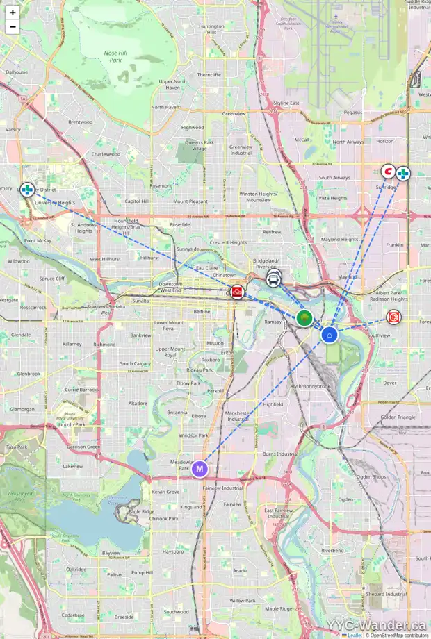 Daily accessibility map for 2016 9 AV SE, Calgary showing nearby schools, grocery stores, parks, LRT stations and nearby amenities