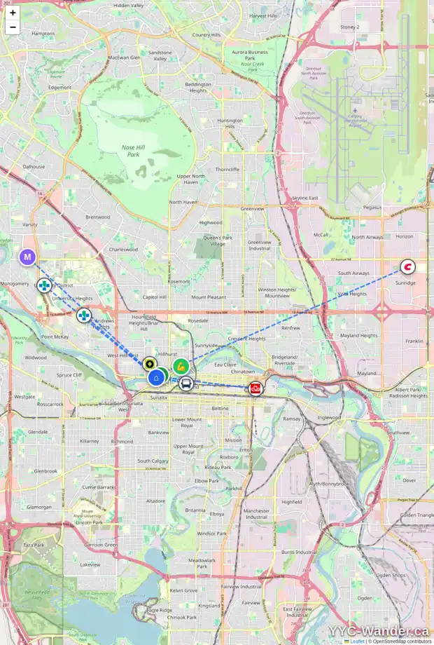 Daily accessibility map for 15 17 ST NW, Calgary showing nearby schools, grocery stores, parks, LRT stations and nearby amenities