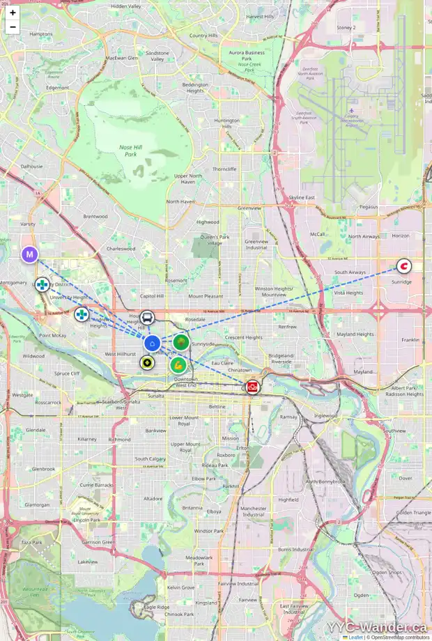 Daily accessibility map for 1767 7 AV NW, Calgary showing nearby schools, grocery stores, parks, LRT stations and nearby amenities
