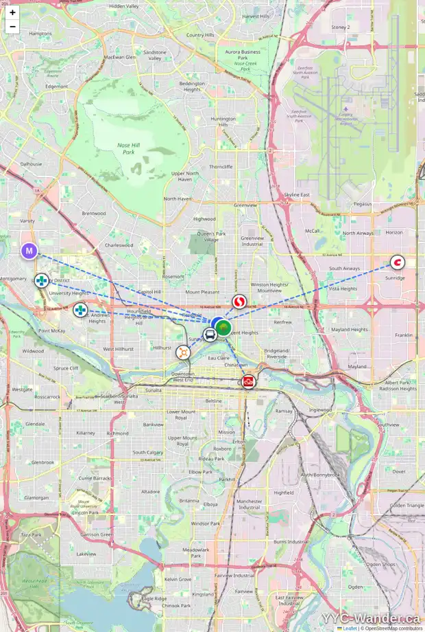 Daily accessibility map for 415 11 AV NW, Calgary showing nearby schools, grocery stores, parks, LRT stations and nearby amenities