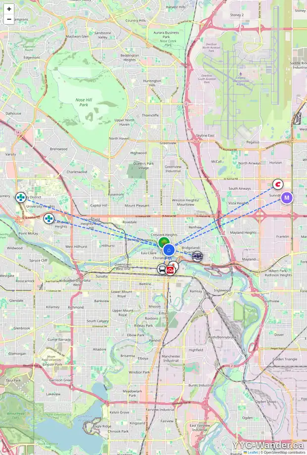 Daily accessibility map for 223 2 AV NE, Calgary showing nearby schools, grocery stores, parks, LRT stations and nearby amenities