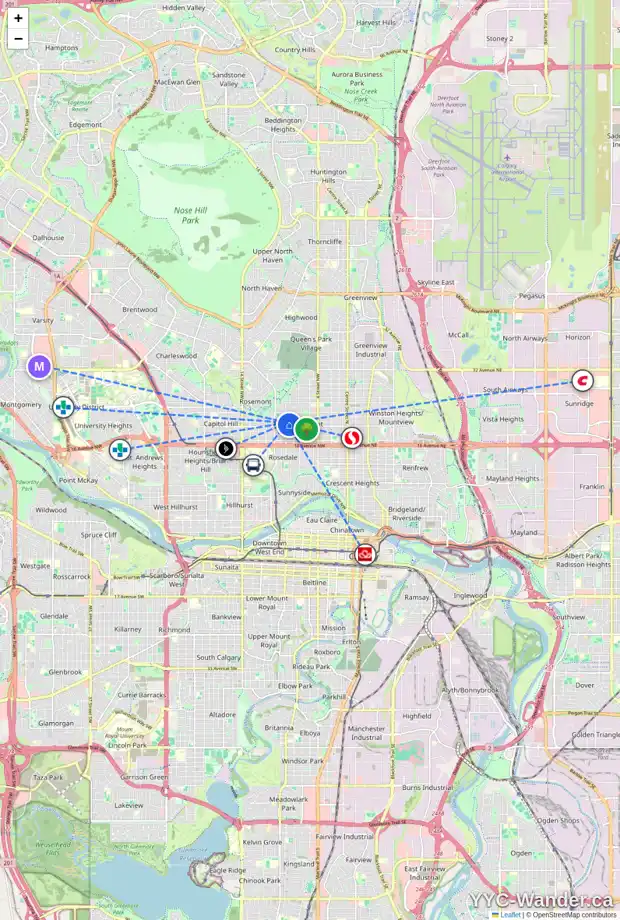 Daily accessibility map for 831 21 AV NW, Calgary showing nearby schools, grocery stores, parks, LRT stations and nearby amenities