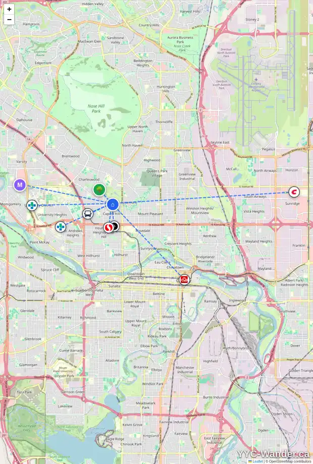 Daily accessibility map for 2519 16A ST NW, Calgary showing nearby schools, grocery stores, parks, LRT stations and nearby amenities