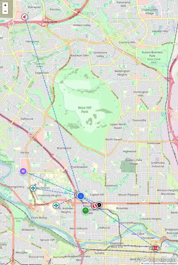 Daily accessibility map for 2331 23 ST NW, Calgary showing nearby schools, grocery stores, parks, LRT stations and nearby amenities