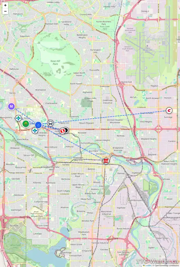 Daily accessibility map for 1932 UXBRIDGE DR NW, Calgary showing nearby schools, grocery stores, parks, LRT stations and nearby amenities