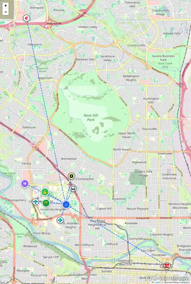 Daily accessibility map for 2307 USHER RD NW, Calgary showing nearby schools, grocery stores, parks, LRT stations and nearby amenities