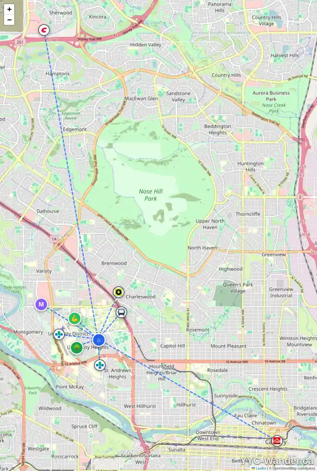 Daily accessibility map for 3131 UPPER PL NW, Calgary showing nearby schools, grocery stores, parks, LRT stations and nearby amenities