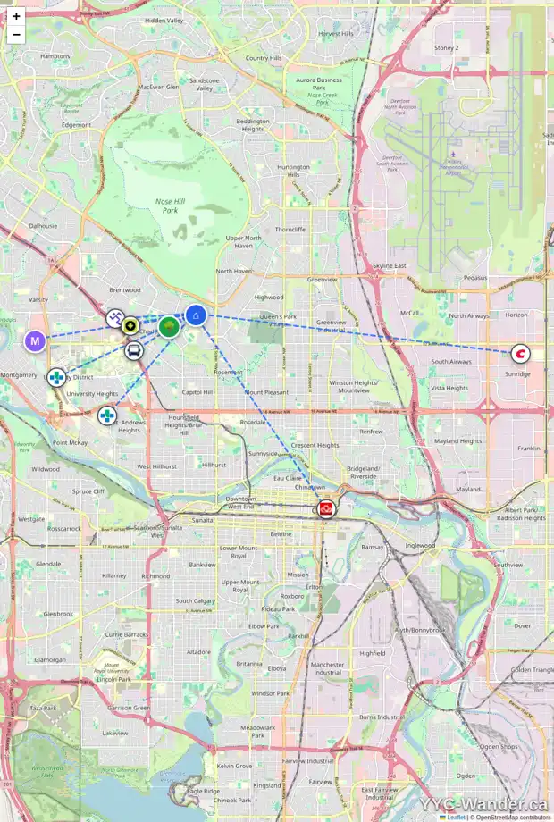 Daily accessibility map for 20 CANYON DR NW, Calgary showing nearby schools, grocery stores, parks, LRT stations and nearby amenities