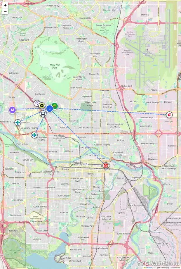 Daily accessibility map for 2424 34 AV NW, Calgary showing nearby schools, grocery stores, parks, LRT stations and nearby amenities