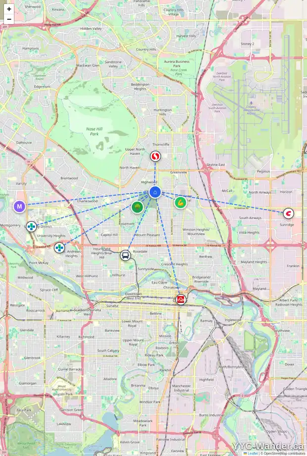 Daily accessibility map for 524 40 AV NW, Calgary showing nearby schools, grocery stores, parks, LRT stations and nearby amenities