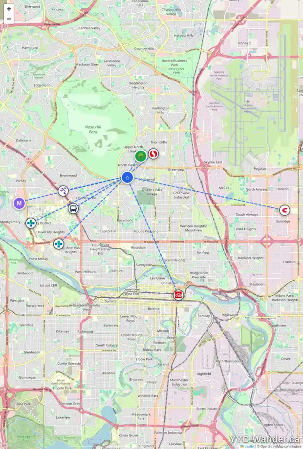 Daily accessibility map for 4611 NAMAKA CR NW, Calgary showing nearby schools, grocery stores, parks, LRT stations and nearby amenities