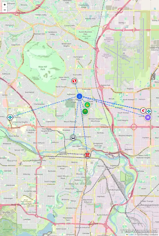 Daily accessibility map for 4220 2 ST NW, Calgary showing nearby schools, grocery stores, parks, LRT stations and nearby amenities