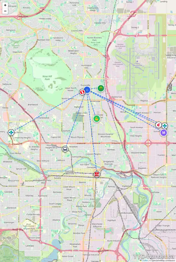 Daily accessibility map for 5916 THORNTON RD NW, Calgary showing nearby schools, grocery stores, parks, LRT stations and nearby amenities