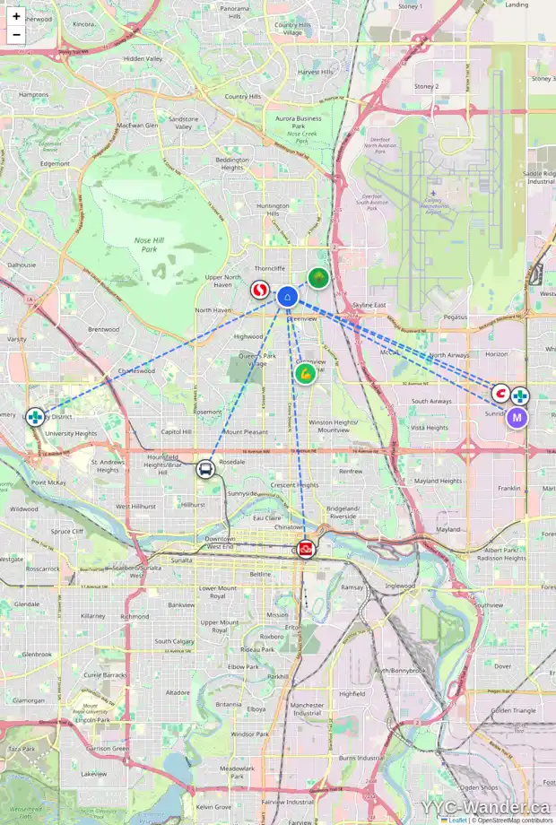 Daily accessibility map for 124 54 AV NW, Calgary showing nearby schools, grocery stores, parks, LRT stations and nearby amenities