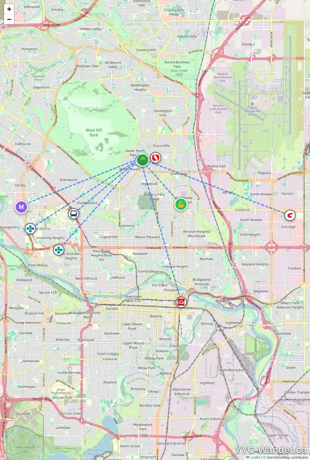 Daily accessibility map for 5128 NESBITT RD NW, Calgary showing nearby schools, grocery stores, parks, LRT stations and nearby amenities