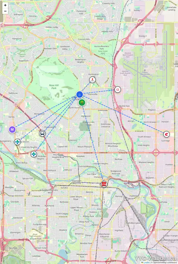 Daily accessibility map for 111 NOTTINGHAM RD NW, Calgary showing nearby schools, grocery stores, parks, LRT stations and nearby amenities