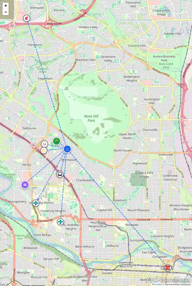 Daily accessibility map for 5115 BRISEBOIS DR NW, Calgary showing nearby schools, grocery stores, parks, LRT stations and nearby amenities