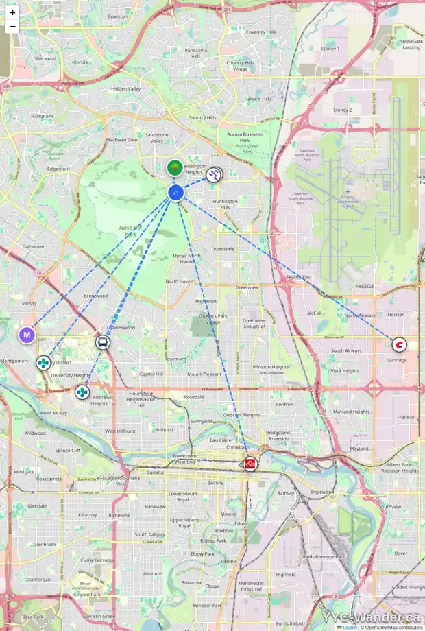 Daily accessibility map for 1434 HUNTERBROOK RD NW, Calgary showing nearby schools, grocery stores, parks, LRT stations and nearby amenities
