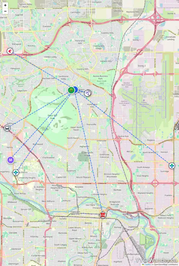 Daily accessibility map for 23 BERWICK PL NW, Calgary showing nearby schools, grocery stores, parks, LRT stations and nearby amenities